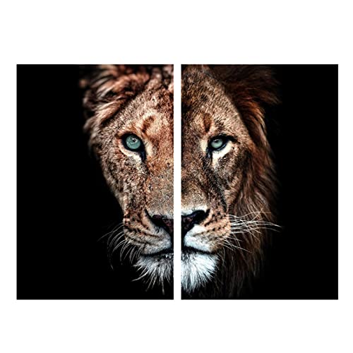 OTURRI Moderne Löwen halbes Gesicht Leinwand Wand Bilder Wilde Tiere Poster und Kunstdrucke Wandbild Löwen Leinwand Gemälde für Wohnzimmer Dekoration 50 x 70 cm x 2 ungerahmt von OTURRI