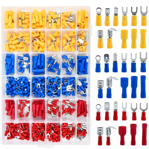 Kabelschuhe Set 600PCS Flachsteckhülsen Sortiment 0,5-6,0mm², 12V Elektro Flachstecker Kabelschuhe Kabelverbinder Set, KFZ Quetschverbinder Set Ringkabelschuhe Aderendhülsen Isoliert Crimpverbinder von OTYMIOW