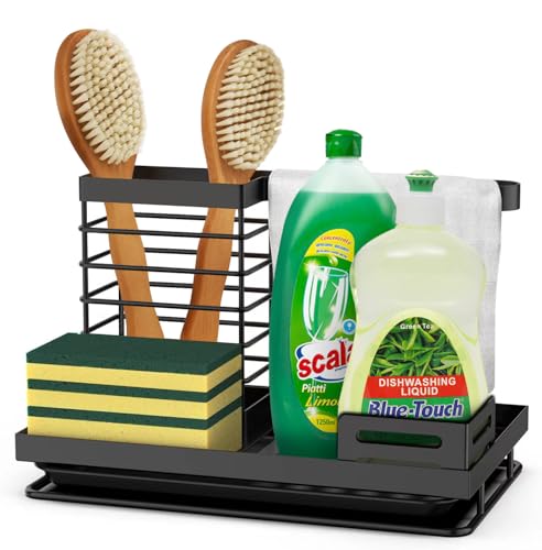 Spülbecken Organizer Schwarz mit Abflusspfanne, Spülorganizer Spülbecken Caddy Organizer Edelstahl Utensilien Korb Spülcaddy mit Behälter Abtropfgestell Geschirr Spüle organizer für Küche & Badezimmer von OTYMIOW