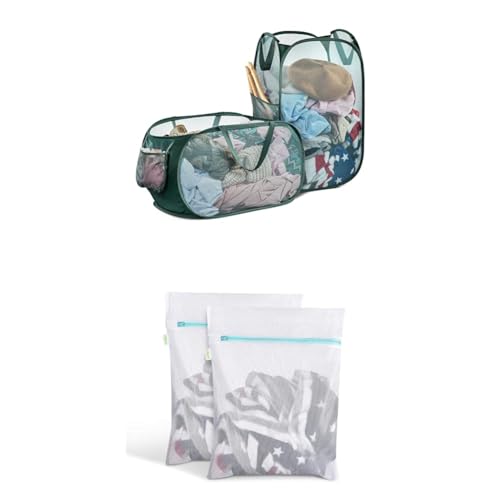 OTraki Faltbarer Wäschekorb 2 Stück, 70L Pop-up Wäschekorb klappbar Groß mit Mesh 36x36x58cm + OTraki Wäschesäcke für Waschmaschine 2er Pack 40x50cm von OTraki