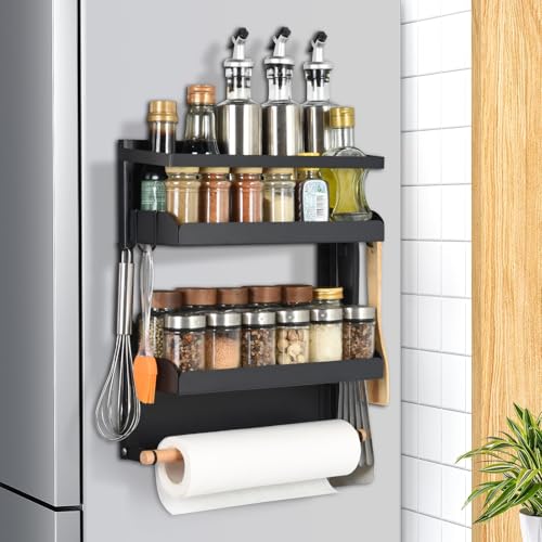 OTraki Gewürzregal Magnetisch für Kühlschrank, 2 Stock Küchenregal Ohne Bohren Maximale Belastung 8 KG Gewürzregal Wand aus Edelstahl mit Küchenrollenhalter und 4 Haken OTraki Gewürzregal Magnetisch für Kühlschrank, 2 Stock Küchenregal Ohne Bohren Maximale Belastung 8 KG Gewürzregal Wand aus Edelstahl mit Küchenrollenhalter und 4 Haken von OTraki