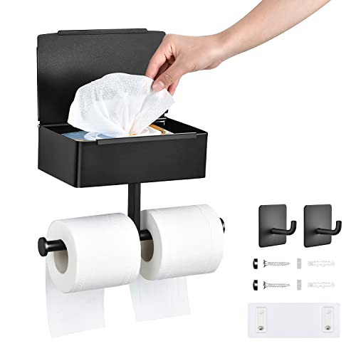 OTraki Toilettenpapierhalter mit feuchttücherbox Schwarz Klopapierhalter Ohne Bohren Edelstahl WC Toilettenpapierhalter und 2 Stück Klebehaken für Badezimmer Küche Macht Ihr Taschentuch Unsichtbar von OTraki