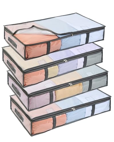 OTraki Unterbett Aufbewahrungsbox, 4 Stück Transparente Plastik Unterbett Aufbewahrungstasche Unterbettkommode und Griff Faltbare Aufbewahrung unterbettbox für Kissen Kleidung Decken Bettdecken von OTraki