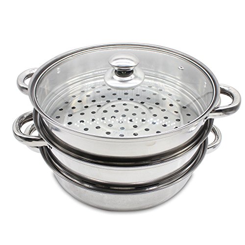 OUBAYLEW Hochwertiges 3 Etage Edelstahl Dampfgarer Dampfkocher Dampfkochtopf Set 28cm + Glasdeckel von OUBAYLEW