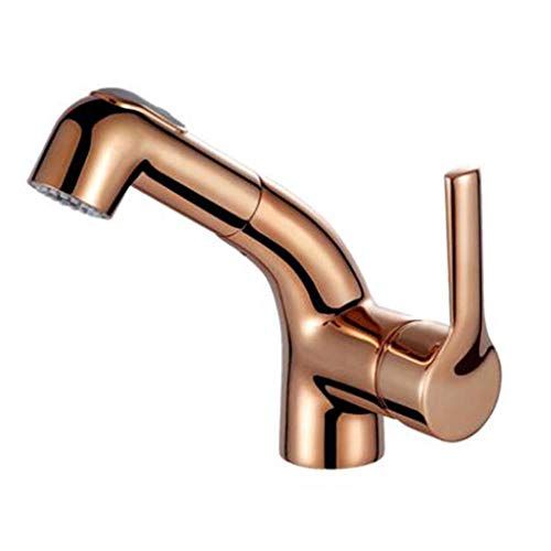 Beckenmischer Hahn mit Auszug Spray Badezimmer Haken heiß und kalt 2 Wasserauslassmodi Messing Einer Loch Waschbecken Wasserhahn Wasserhahn-Golden (Roségold) von OUBBDVRT