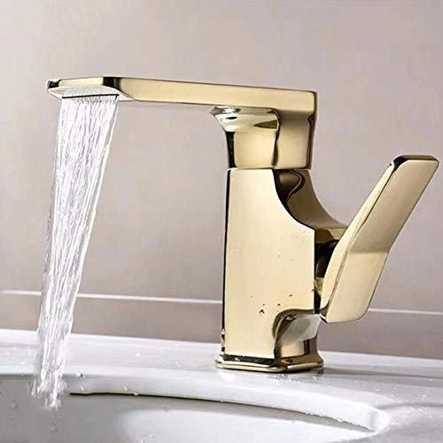 Beckenmixer Leitungswasserfall Bad Waschbecken Haken Messing Heiße und kaltes Becken Wasserhahn Einloch Einloch ein Griff Waschbecken Wasserhahn-Golden (Cromo) von OUBBDVRT