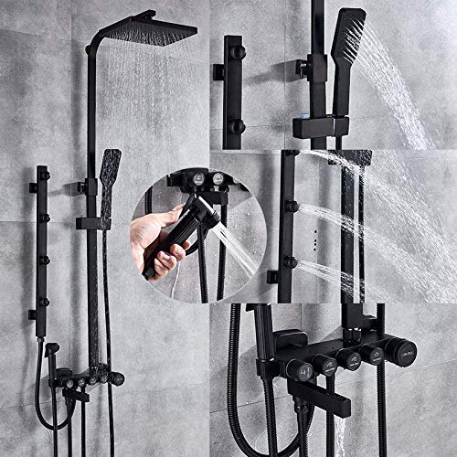 Duschmensch Set Duschsystem Mattschwarze Chrom Duscharmaturen Set Messing 5-Wege-Taste Steuerung Tap Spa Massage Jets Duschbad Duschschuhe, matt schwarz von OUBBDVRT