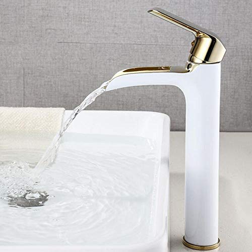 Hoher Beckenmixer Leitungswasserfall Bad Waschbecken über The Counter Becken Heiße und kalte Einsloch-Messing Wasserfall Badezimmer Wasserhahn-Weiß (Blanc) von OUBBDVRT