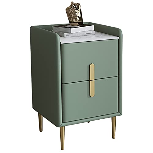 Mitte des Jahrhunderts moderner Avocado Green Nachttisch mit gesinterten Steinplatte Mikrofaser Leder Minimalistischer Nachttisch für Schlafzimmer und Wohnzimmer Praktisches Sofa Tabelle 35x35x55 cm von OUBBDVRT