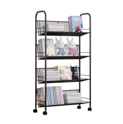 OUBBDVRT Bücherregal Bücherregal Speicher Organizer Metal Bookshelf mit Rädern Movable Bookshelves Magazine Rack Floor Einfache Schülerlagerstange (weiß, 4 Stufe) von OUBBDVRT