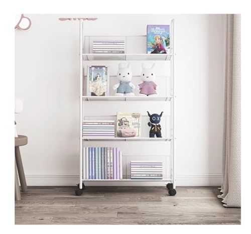 OUBBDVRT Bücherregal Bücherregal Speicher Organizer Metal Bookshelf mit Rädern Movable Bookshelves Magazine Rack Floor Einfache Schülerlagerstange (weiß, 4 Stufe) von OUBBDVRT