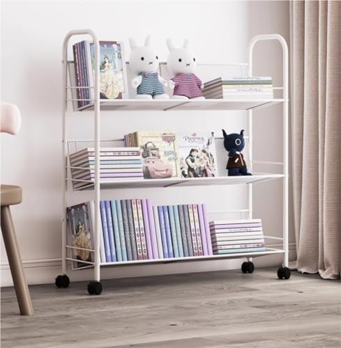 OUBBDVRT Bücherregal Bücherregal Speicher Organizer Metal Bookshelf mit Rädern Movable Bookshelves Magazine Rack Floor Einfache Schülerlagerstange (weiß, 4 Stufe) von OUBBDVRT