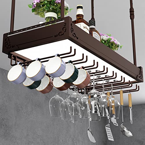 OUBBDVRT Deckenmontierte rustikaler Weinregal mit verstellbarem Hängsbalkenglashalter und hellschwarzer ideal für Bar oder Küchenlager 100x30 cm von OUBBDVRT