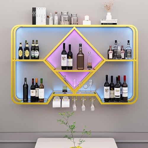 OUBBDVRT LED Light Wall Monted Wine Storage Display Rack mit Glashalter Multifunktional schwimmende Regale für Home Bar oder Restaurant Gold 140x20x70 cm von OUBBDVRT