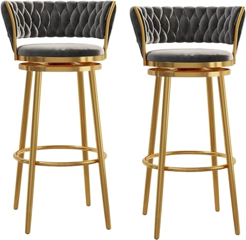 OUBBDVRT Luxus Samt -Schwenk -Barhocker Set von 2 Counterhöhe Stühle mit gebogenem gewebten Rückenfußstütze und goldenen Metallbeinen Stilvolle Heimat Bar Kücheninselhocker (grau 65 cm) von OUBBDVRT