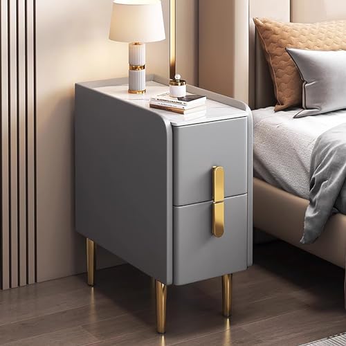 OUBBDVRT Moderner minimalistischer schlanker Nachttisch mit Doppelschubladen -Lagerschrank für kleine Räume PU -Leder -Finish & Metallbeine ideal für Schlafzimmer und Wohnzimmer OUBBDVRT Moderner minimalistischer schlanker Nachttisch mit Doppelschubladen -Lagerschrank für kleine Räume PU -Leder -Finish & Metallbeine ideal für Schlafzimmer und Wohnzimmer von OUBBDVRT