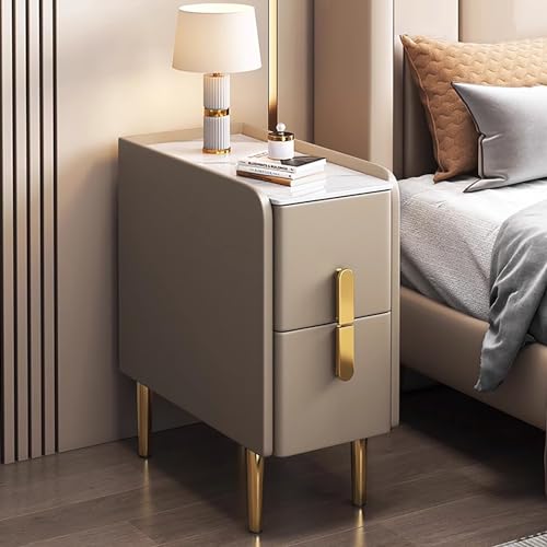 OUBBDVRT Moderner schlanker Nachttisch mit doppelter Schubladen -Lagerschrank für Schlafzimmer und Wohnzimmer stilvoller schmaler Beistelltisch für kleine Räume mit PU -Leder -Finish und Metallbeinen von OUBBDVRT