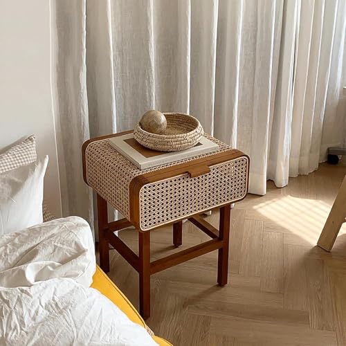 OUBBDVRT Vintage Rattan Holz Nachttisch mit Schublade moderner einfacher Nachttisch für Schlafzimmer Keine Installation erforderlich 43x48x60cm von OUBBDVRT