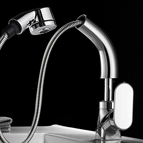 Waschbecken Wasserhahn mit Auszugspray Drehes Messing Heiße und kalte Einzelloch-Teleskop-Spüle Wasserhahn-Weiß (Nero) von OUBBDVRT