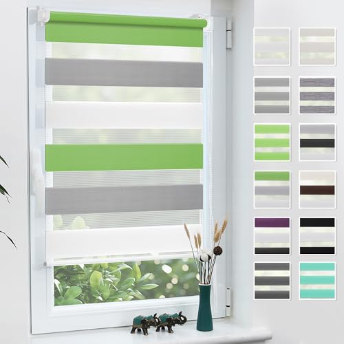 Grandekor Doppelrollo Klemmfix ohne Bohren Grün-Grau-Weiß 70x150cm(Stoffbreite 66cm) Fenster Rollos für innen Klemmrollos Duo Rollos für Fenster ohne Bohren mit Bohren Privatschutz Zebrarollo von Grandekor