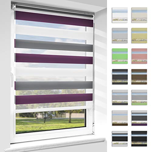 OUBO Doppelrollo Klemmfix, Rollos für Fenster ohne Bohren & mit Bohren (Weiß-anthrazit-aubergine, 60cm x 120cm), Duo Rollo Klemmrollo Fensterrollo Easyfix, lichtdurchlässig und verdunkelnd. von OUBO