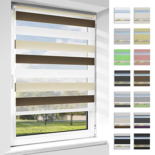 OUBO Doppelrollo Klemmfix, Rollos für Fenster ohne Bohren & mit Bohren (Weiß-beige-braun, 100cm x 130cm), Duo Rollo Klemmrollo Fensterrollo Easyfix, lichtdurchlässig und verdunkelnd. von OUBO