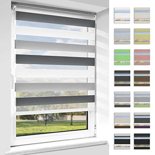 OUBO Doppelrollo Klemmfix, Rollos für Fenster ohne Bohren & mit Bohren (Weiß-grau-anthrazit, 85cm x 130cm), Duo Rollo Klemmrollo Fensterrollo Easyfix, lichtdurchlässig und verdunkelnd. von OUBO