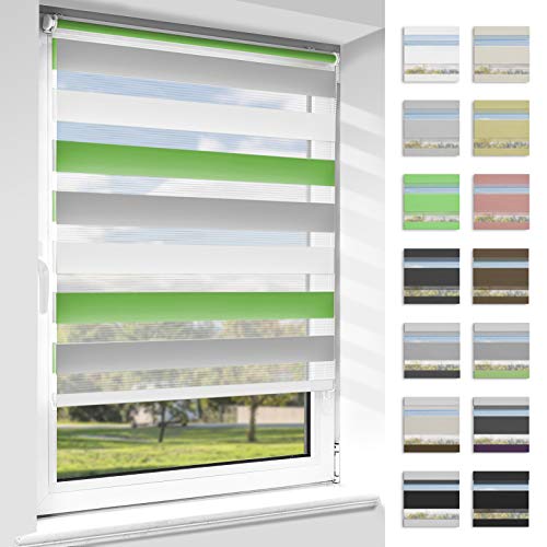 OUBO Doppelrollo Klemmfix ohne Bohren Duo Rollos für Fenster & Türen (Grün-grau-weiß, 70cm x 140cm), Klemmrollo Seitenzugrollo Sicht und Sonnenschutz, Lichtdurchlässig und Verdunkelnd. von OUBO