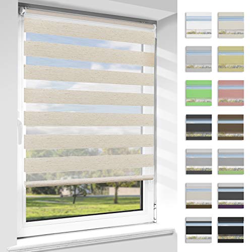 OUBO Doppelrollo Klemmfix ohne Bohren Duo Rollos für Fenster & Türen (Natur, 85cm x 230cm), Klemmrollo Seitenzugrollo Sicht und Sonnenschutz, Lichtdurchlässig und Verdunkelnd. von OUBO