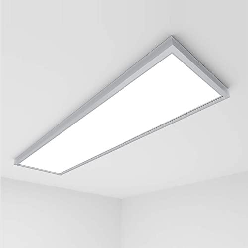 OUBO LED Panel 120x30cm Silber Aufbaurahmen Kaltweiß / 48W / 5300lm / 6000K / Silberrahmen Lampe dünn Ultraslim Deckenleuchte Wandleuchte Einbauleuchten, inkl. Trafo von OUBO