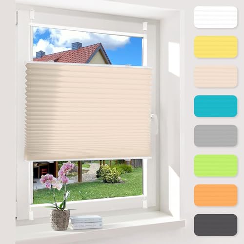 OUBO Plissee ohne Bohren Beige 105x220cm Plissee Klemmfix Version Plisseerollo Sichtschutz und Sonnenschutz Blickdicht Easyfix lichtdurchlässig Rollo für Fenster & Tür Einfache Montage von OUBO