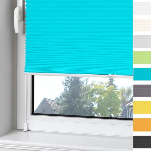 OUBO Plissee ohne Bohren Klemmfix Aluminium-Schienen, Blau 45x120cm (BXH), Jalousie Easyfix Faltrollo mit Klemmträger Sonnenschutz und Sichtschutz lichtdurchlässig Rollo für Fenster & Tür von OUBO