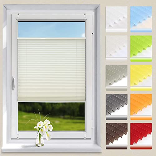 OUBO Plissee ohne Bohren Klemmfix Aluminium-Schienen,Beige 70x130cm(BXH), Jalousie Easyfix Faltrollo mit Klemmträger Sonnenschutz und Sichtschutz lichtdurchlässig Rollo für Fenster & Tür von OUBO