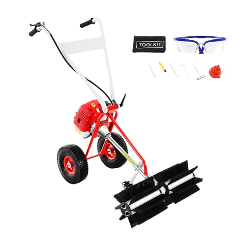 OUBUBY 43CC Kehrmaschine Benzin 2 Takt 1.2PS Einzylinder Benzin Kehrbesen mit Schutzbrille, 60cm Bürstenbreite Schneeräumer Manuell Kehrmaschine Motorbesen für Rasen, Gehwege, Boulevard, Garten von OUBUBY