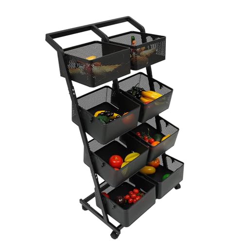 OUBUBY Gemüseregal für Küche, 4 Tiers Küche Lagerung Rack Multifunktionale Lagerung Trolley Bad Lagerung Rack mit Abschließbaren Rollen Abnehmbaren Korb Geeignet für Schlafzimmer, Küche, Bad (Schwarz) von OUBUBY