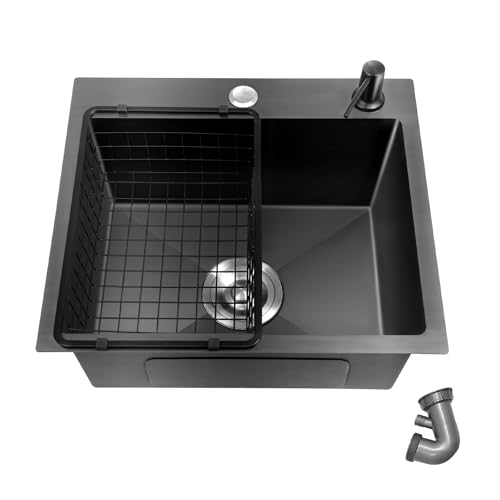 OUBUBY Spülbecken Schwarz Granit 40×45cm Spüle Schwarz Küchenspüle Rechteckig Einbauspüle Granit, Waschbecken Küche, Spülbecken Küche Klein, Einzelbecken mit HahnLöcher, 1 Becken Edelstahlspüle von OUBUBY