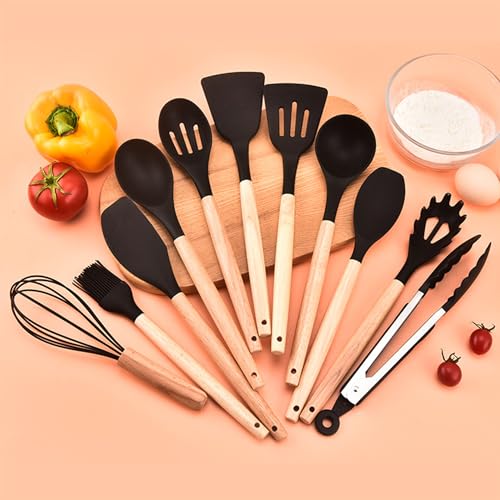 12 Stücke Küchen Kochutensilien Set, Silikon Küchenhelfer Set, Schwarz Kochlöffel Set mit Utensilienhalter, Hitzebeständiger Kochbesteck Set, Antihaftbeschichtete, Spülmaschinengeeigne, Schwarz von OUCONGK