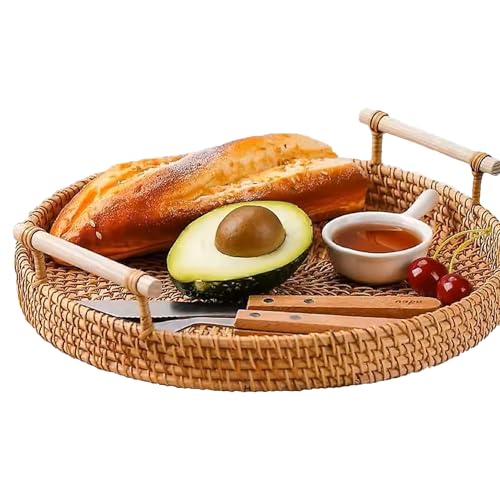 OUCONGK Tablett Rund Rattan mit Griff, Handgeflochtenes Serviertablett 28cm, Dekotablett Rund, Aufbewahrungstablett Frucht, Tablett Rund Holz, für Frühstück, Getränke, Snacks, Frucht, Brot von OUCONGK