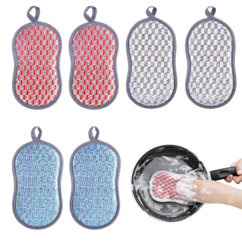 OUDQFCJ 6 Stück Mikrofaser Spülschwamm Topfreiniger Küchenschwamm Waschbar zum Wiederverwenden mit 2 leistungsstarke Seiten für Gründliche Reinigung bei hartnäckigem Schmutz (Haarbürste) von OUDQFCJ