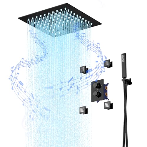 Duschsystem schwarz, 12 Zoll verdecktes thermostatisches Duschsystem mit Körperdüsen für das Badezimmer, LED Luxus Regenmischbatterie Duschkombination von OUENGK