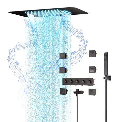 Musik Duschsystem Unterputz, Duschsystem mit Thermostat Schwarz mit 5 Funktionen für das Badezimmer, 23 Zoll LED Regenbrause Set mit Handbrause, Kann alle Optionen auf einmal Verwenden von OUENGK