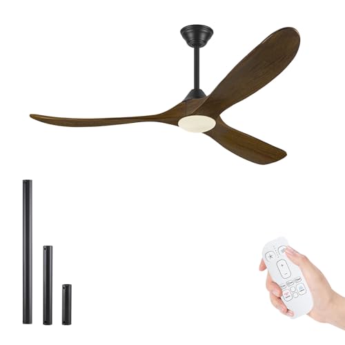 OUENGK 132 cm Außen-Deckenventilator mit Licht mit Holzflügeln, rustikaler dreiflügeliger Deckenventilator mit DC-Motor mit Fernbedienung für das Wohnzimmer der Gartenlaube von OUENGK