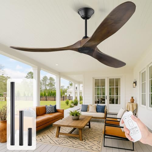 OUENGK 178CM Holz-Deckenventilator ohne Beleuchtung, Deckenventilator für den Außenbereich mit Fernbedienung, 3 Flügel, Energiesparend, Leise Umkehrbar DC-Motor, für Schlafzimmer, Terrassen, Küche von OUENGK