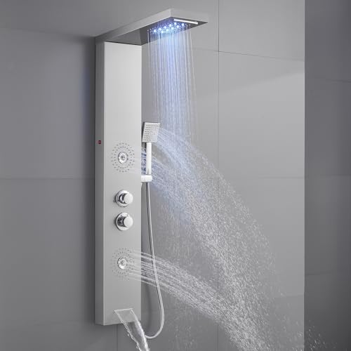 Duschpaneel mit Armatur, OUGOO 5 in 1 LED Duschpaneele Komplett mit Wasserfall & Regendusche, Massagedüsen, Handbrause und Wanneneinlauf, 304 Edelstahl Gebürstet von OUGOO