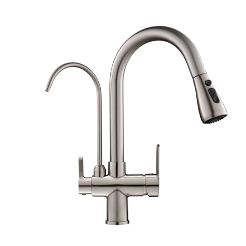 OUGOO 3 Wege Wasserhahn Küche, Messing 360° Drehbarer Spültischarmatur mit Brause Ausziehbar und Trinkwasserhahn, 3 in 1 Mischbatterie Küche für Wasserfilter, Doppelhebel Faucet Gebürstet von OUGOO