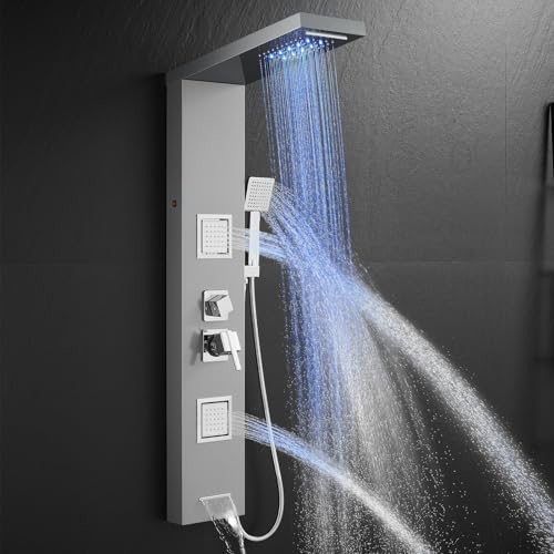 OUGOO LED Duschpaneel mit Armatur, 5 Funktionen Duschsäule, Wasserfall & Regendusche, Massagedüsen, Handbrause und Wanneneinlauf, Gebürstet Edelstahl Duschpaneele Komplett von OUGOO