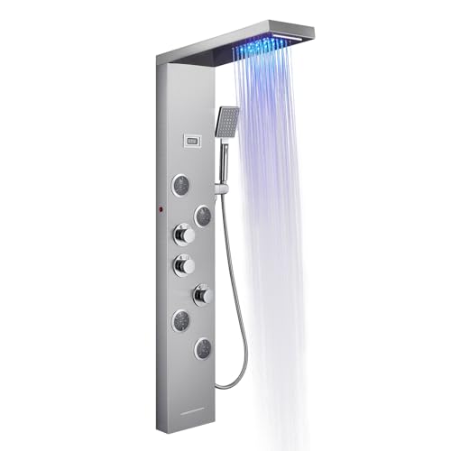 Duschpaneel mit Armatur und Temperaturanzeige, OUGOO Duschpaneele Komplett mit LED, Regendusche, Wasserfalldusche, 2 Modi Massagedüsen, Handbrause und Badewannenauslauf, 304 Edelstahl, Gebürstet von OUGOO