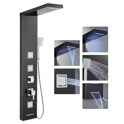 OUGOO Duschpaneel mit Armatur und LED-Lichtern, Duschsäule Komplettset mit Regendusche, Wasserfalldusche, Quadratischen Massagedüsen, Handbrause und Badewannenauslauf, Edelstahl, Schwarz von OUGOO