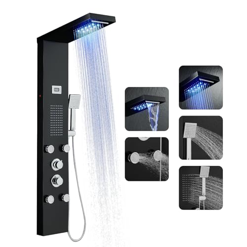 OUGOO Duschpaneel mit Armatur, 5 in 1 Duschpaneele Komplett mit LED und Temperaturanzeigen, Regendusch, Wasserfall, Handbrause, Wanneneinlauf,mit Groß Massagedüsen und 4 Massagedusche,Schwarz von OUGOO