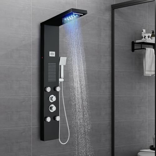 OUGOO LED Duschpaneel mit Armatur, Regen- & Wasserfall-Funktion Duschpaneele Komplett mit 2-Typ-Massagedüsen, Temperaturdisplay und Handbrause, Edelstahl Schwarz von OUGOO